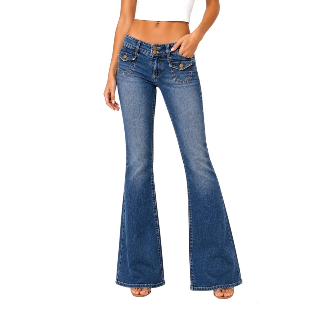 RSQ Womens Low Rise Flare Jeans Medium Wash Front Flap Pocket Blue Size 26‎